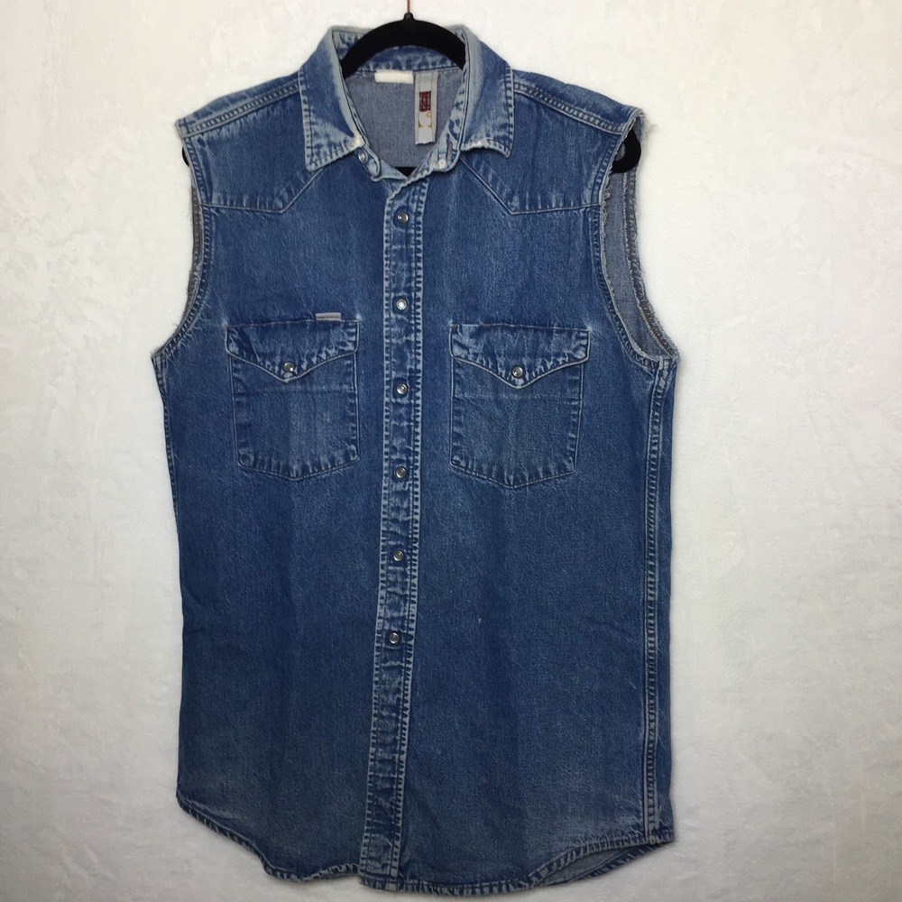 Carhartt VTG Distressed Denim‎ Pearl Snap Vest Sleeveless Jean Cowboy